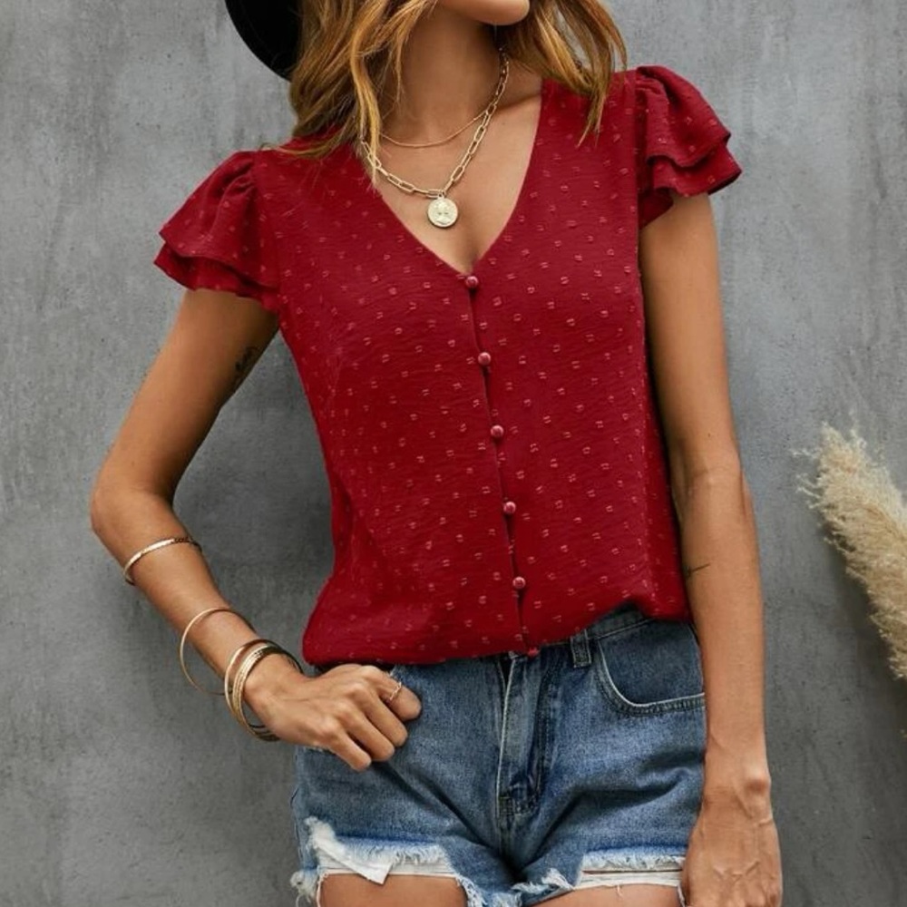 Boho burgundy Swiss dot butterfly sleeve blouse